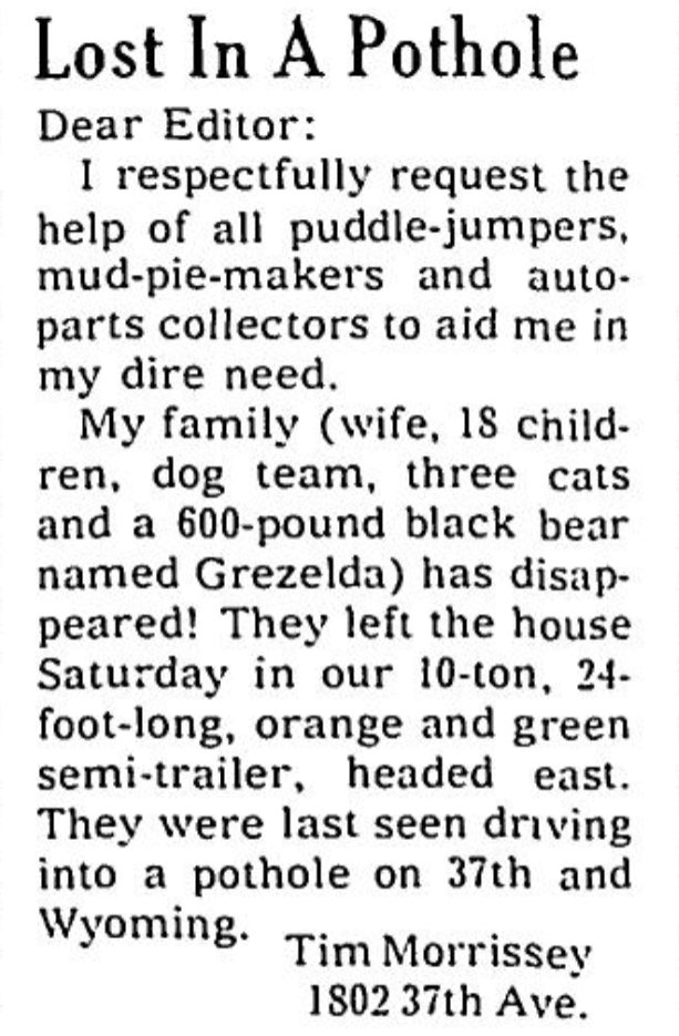 ANC_Historian's tweet image. April 9, 1971 Anchorage Daily Times letter to the editor and one of the best such letters I've ever come across. This poor man never saw his wife--or 600 lb bear (Grezelda RIP)--ever again. There's nothing like breakup season. #alaskahistory #anchoragehistory #alaska