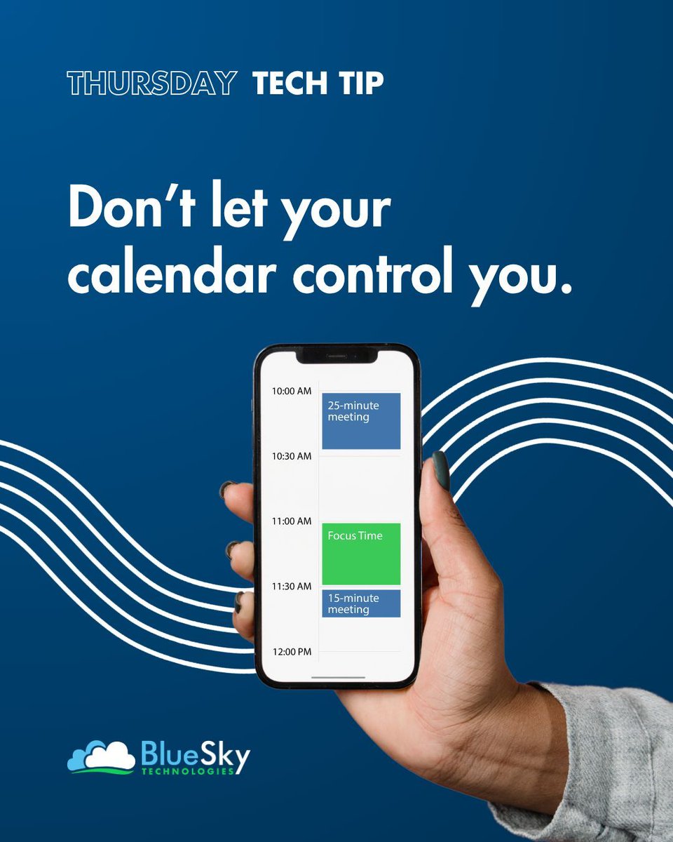 🖥️ Thursday Tech Tip

Don’t let your calendar control you. 

Instead:
✔️ Block “Focus Time” daily
✔️ Add travel buffers between meetings
✔️ Change default meeting lengths to 25 or 50 minutes instead of 30 or 60

A few small tweaks can deliver a massive productivity boost.