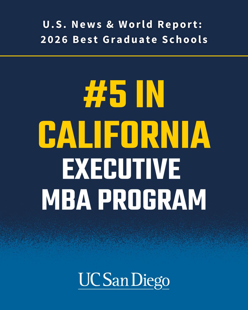 UCSanDiego's tweet photo. @UCSDPharmacy @UCSDJacobs @UCSDMedSchool The Rady School of Management @RadySchool  continues to rise, with its Executive MBA debuting at No. 32 nationally and No. 5 in California https://t.co/4yLLS8inSi