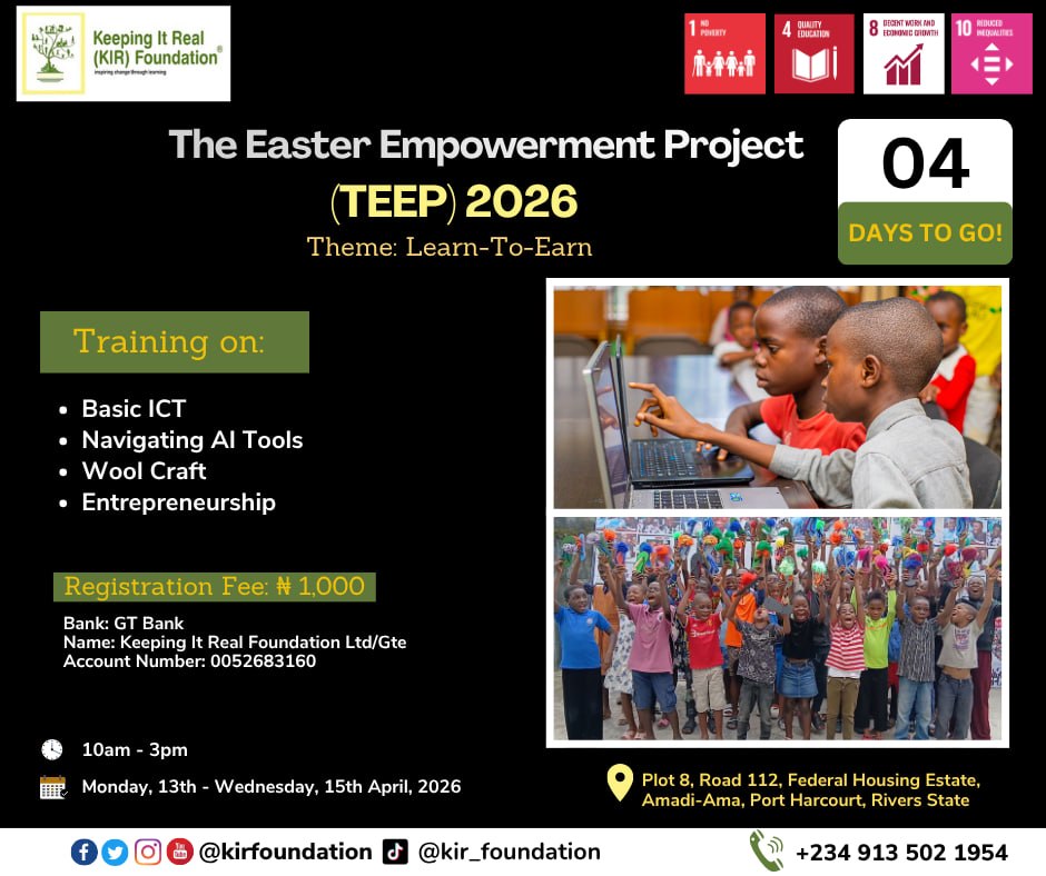 kirfoundation's tweet image. 🔥 4 Days to Go!
Get Ready for The Easter Empowerment Project 2026!
An opportunity for your people to learn, create &amp;amp; earn!
#JoinUs &amp;amp; explore:
💻 Digital &amp;amp; AI Skills
🚀 Entrepreneurship
🎨Wool Craft:
💼 Soft Skills
💼 Sponsor a learner for ₦5k @gtbank: 0052683160
#TEEP2026 #SDG8