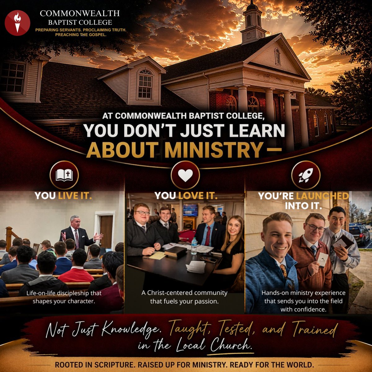 CommonwealthB's tweet photo. Choosing a college is choosing a direction.

At CBC, students are grounded in Scripture, mentored by faithful leaders, &amp; actively involved in church ministry.

Parents can trust the training, &amp; students leave prepared to serve w/ purpose, conviction, &amp; confidence in God’s calling https://t.co/xCH3TjUwab