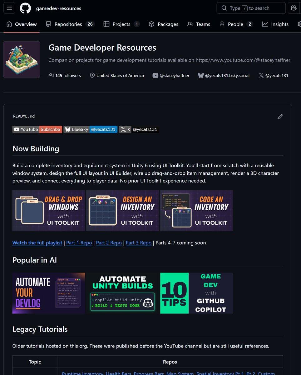 I dusted off my gamedev-resources org and moved all my YouTube tutorial projects into their own repos. No more cloning everything just to get one project!   

github.com/gamedev-resour… 

#gamedev #github #unity #godot #indiedev #monogame