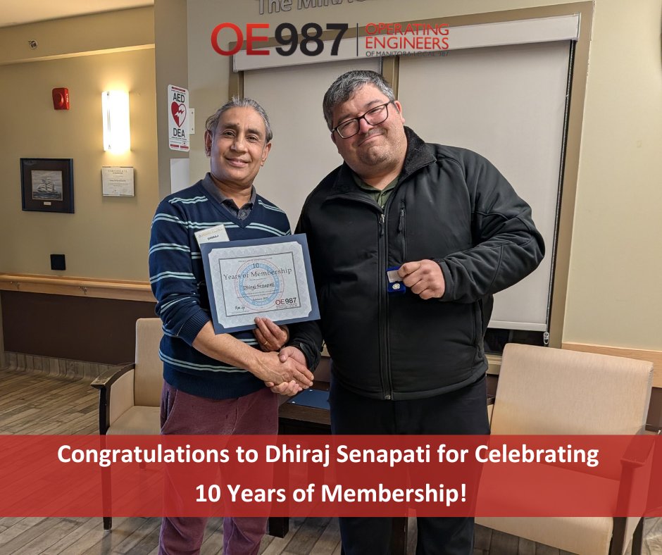 oe987's tweet photo. 🤜 Congrats to brother Dhiraj Senapati for celebrating 10 years of membership!

Thank you for your years of solidarity!✊

📸In this picture Dhiraj (left) is receiving a certificate &amp; pin from OE987 Business Rep Darcy Tiderman to mark this important milestone.

#OE987MembersRock! https://t.co/4HtIsizDd6