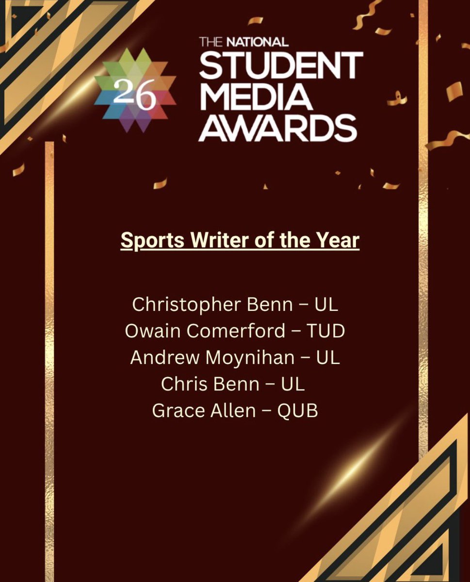 Delighted to be nominated for Sports Writer of the Year at the upcoming National Student Media Awards. 

Big congratulations to <a href="/acrownedstag1/">Christopher Benn</a> who has also received a well-deserved nomination.