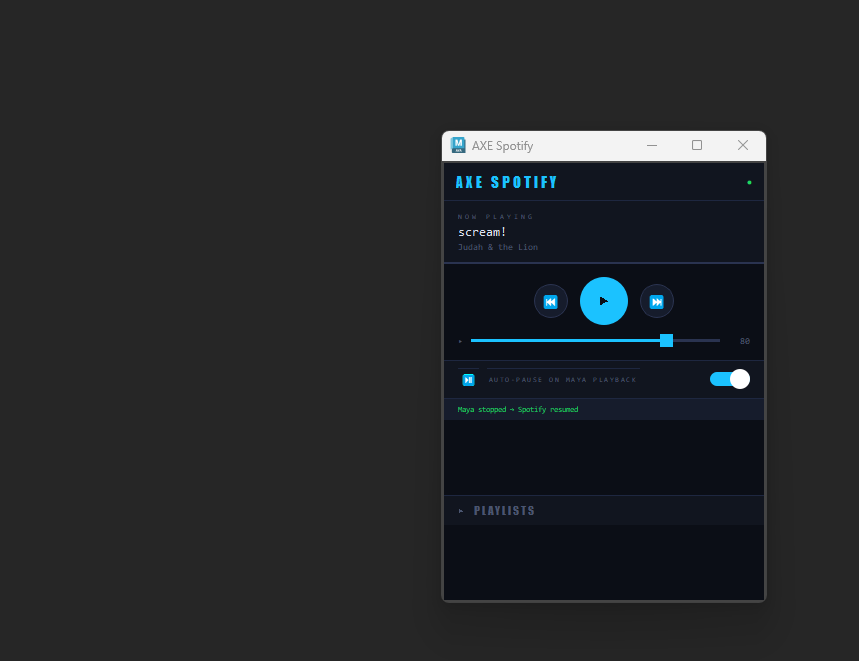 Long_Winter's tweet image. FREE MAYA TOOL : Axe Spotify. 
longwintermembers.com/axe-spotify/ 

Yes, it's kind of nonsense. It's also kind of awesome.  And it's free! 😂 

Come join the jam with a simple, useful and fun Spotify controller for maya.   

#characteranimation #maya #goodtimes