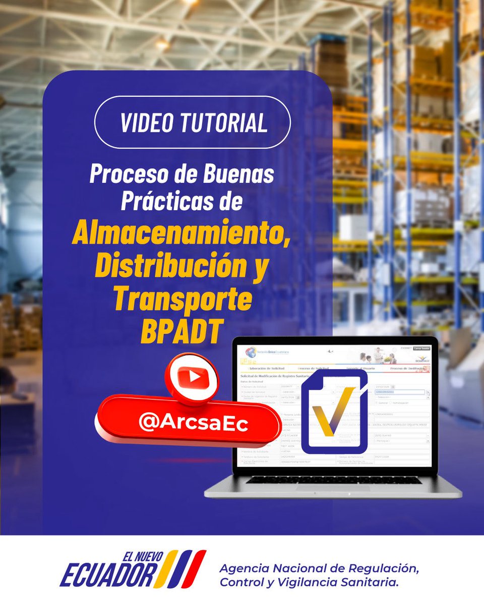 Arcsa_Ec's tweet image. ¿Quieres conocer cómo realizar el proceso para obtener la certificación de Buenas Prácticas de Almacenamiento, Distribución y Transporte #BPADT? 🤔💻

Mira nuestro #VideoTutorial y aprende a hacerlo de forma ágil ➡️ bit.ly/TutBPADT 👈🏽

#ElNuevoEcuador 🇪🇨
