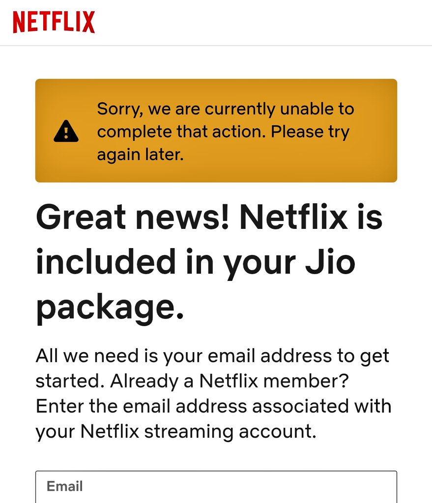 realpremvarma's tweet photo. Hi @JioCare, I recharged with ₹1299 plan with Netflix benefit but I’m unable to activate it. It shows “unable to complete that action”.

Atleast I expect a better error handling 
Please assist. I’ll share details via DM. https://t.co/XL8c1b3nLY