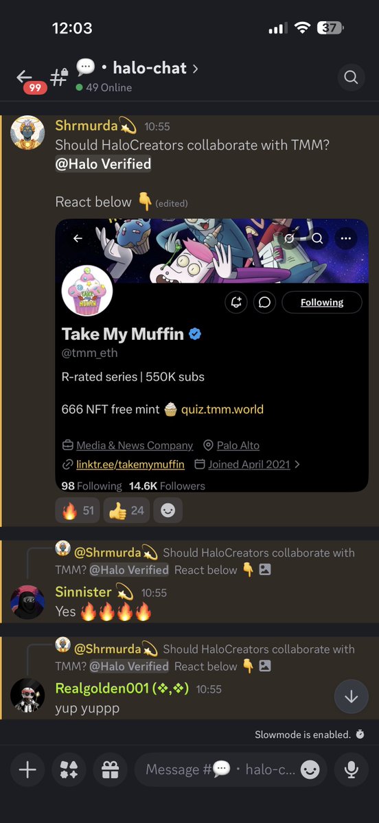 Dear <a href="/tmm_eth/">Take My Muffin</a>  seems like the creators at Halo are yearning for a collaboration 

When onboard the HaloCreators?

Take my DMs 🧁