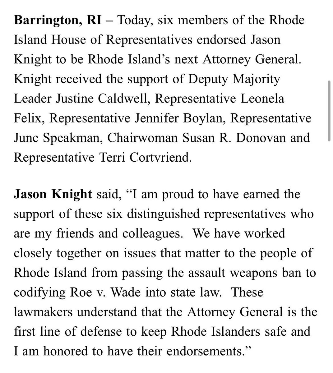 IanDonnis's tweet photo. AG candidate @JasonKnightRI picks up endorsements from 6 fellow state reps https://t.co/NsTEBQSlvC