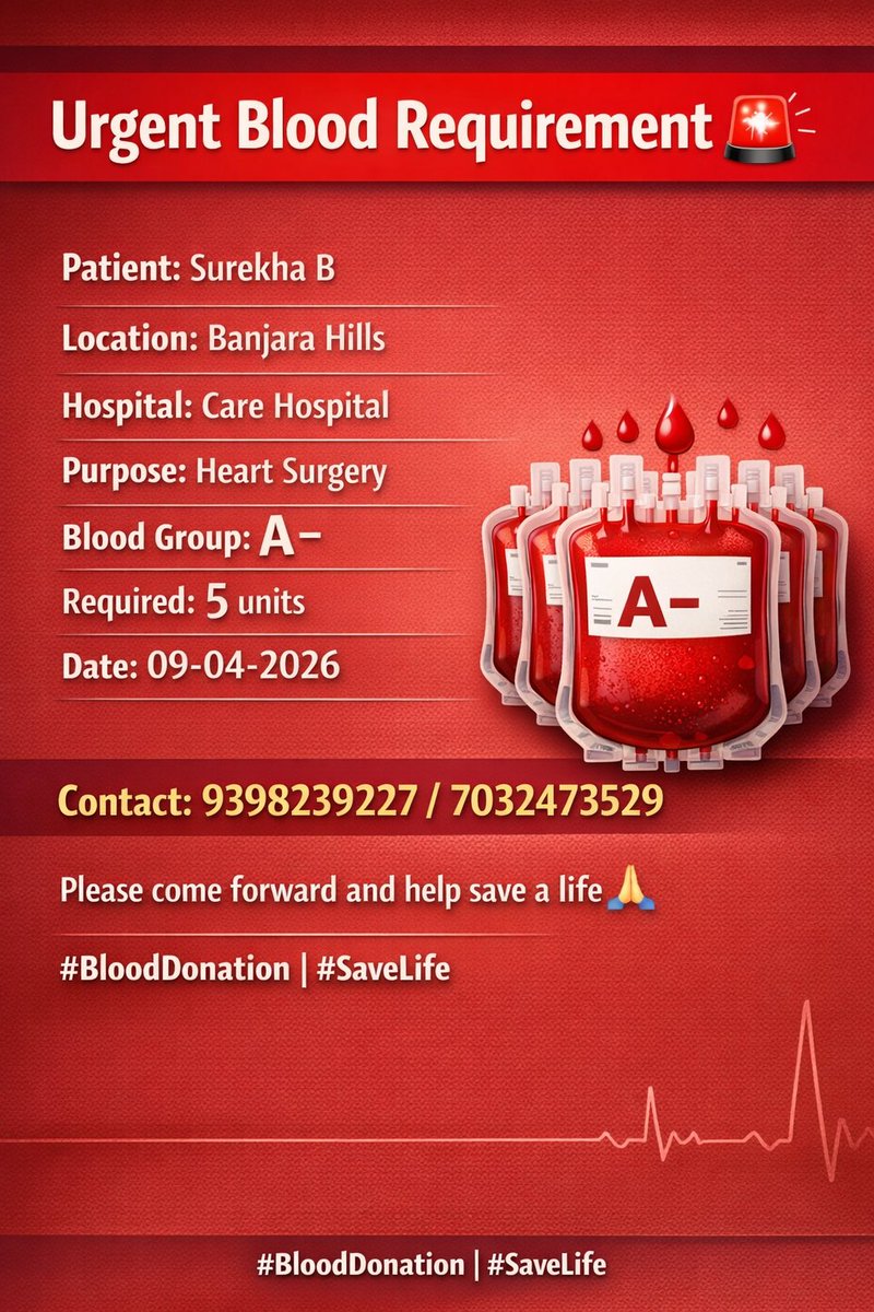 vkyintuc's tweet image. Urgent Blood Requirement 🚨

Patient: Surekha B
Location: Banjara Hills
Hospital: Care Hospital
Purpose: Heart Surgery
Blood Group: A-
Required: 5 units
Date: 09-04-2026

Contact: 9398239227 / 7032473529
 #BloodDonation #SaveLife @BloodDonorsIn @Blood4Help