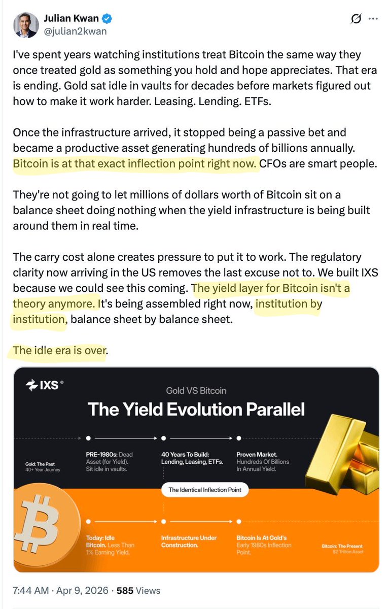 (1/2) "The idle era is over." — <a href="/julian2kwan/">Julian Kwan</a>

$BTC is evolving. We are moving away from the "Hold &amp; Hope" era and entering the Collateralize &amp; Compound playground. 

We are watching the birth of the Bitcoin Yield Layer in real-time. At today's value (~$70k/BTC), the global