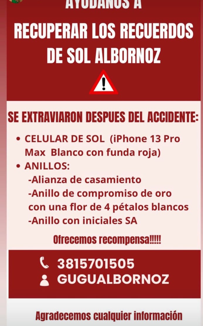 👉 Trágico accidente de Mariano Robles y Solana Albornoz

👉 " A Solana se le ¿ perdieron ? 

🚫 El celular iPhone 13 Pro Max 

🚫 3 anillos de oro.
Casamiento, compromiso y con sus  iniciales S.A

🔴 VERGÜENZA ...le devolvieron uno de acero quirúrgico 

            🔴 BASURAS