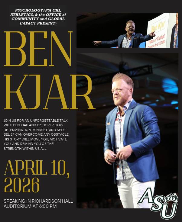 ASUImpact's tweet photo. April 10: Ben Kjar | Richardson Auditorium | 6pm

Ben Kjar, international motivational speaker, world-champion wrestler, and the subject of the award-winning documentary Standout—is coming to campus to share his incredible journey. https://t.co/TbrE6mVxyl