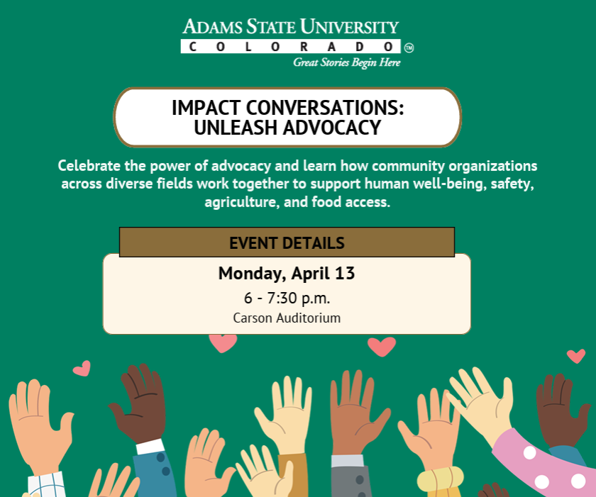 ASUImpact's tweet photo. April 13: Impact Conversations: Advocacy Unleashed | SUB Carson Auditorium | 6-7:30pm

Celebrate the power of advocacy and learn how community organizations across diverse fields work together to support human well-being, safety, agriculture, and food access. https://t.co/TPOsPJ9A47