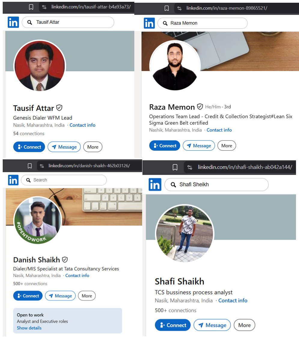 spashta_vadi's tweet photo. @swati_gs I found 4 of their profiles on linkedin.
Location - Nashik, Company- TCS
https://t.co/103qvcObPj
https://t.co/YtFcSxYKUc
https://t.co/obsA8loY3o
https://t.co/Uqwjq3wMUN
.@TCS what is happening in your Nashik office? https://t.co/3764JpoLfG
