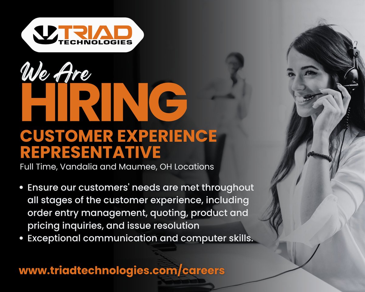 Join Triad Technologies as a Customer Experience Representative (CER). Deliver top-tier support, manage orders, and grow your career. Apply  today!
#NowHiring #CustomerService #Careers