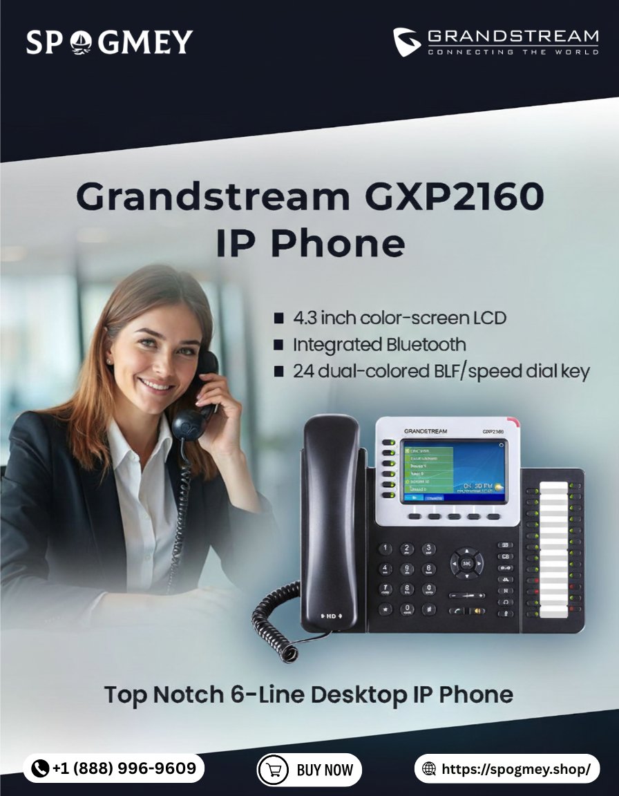 SpogmeyShop's tweet image. Grandstream GXP2160 IP Phone 📞

4.3” display, Bluetooth, 24 BLF keys &amp;amp; 6-line support — built for busy professionals.

📞 +1 (888) 996-9609
🌐 spogmey.shop

#Grandstream #IPPhone #VoIP #Spogmey