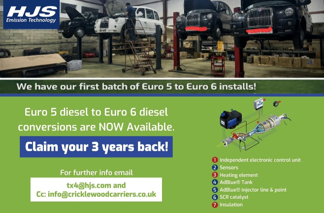electricblackc1's tweet photo. #Euro6 #dieseltaxis rarely to buy or rent & 2nd hand #TXE #evtaxis are scarce.
Good news 👇
@HJSUKemissions, #Euro5 #BlackTaxi retrofits going strong
First batch upgraded & issued #Euro6 certificates ✅
Next steps:
📧 TPHVehicleExemptions@tfl.gov. then NSL & Claim Back 3 Yrs https://t.co/dFfEyHaMoU