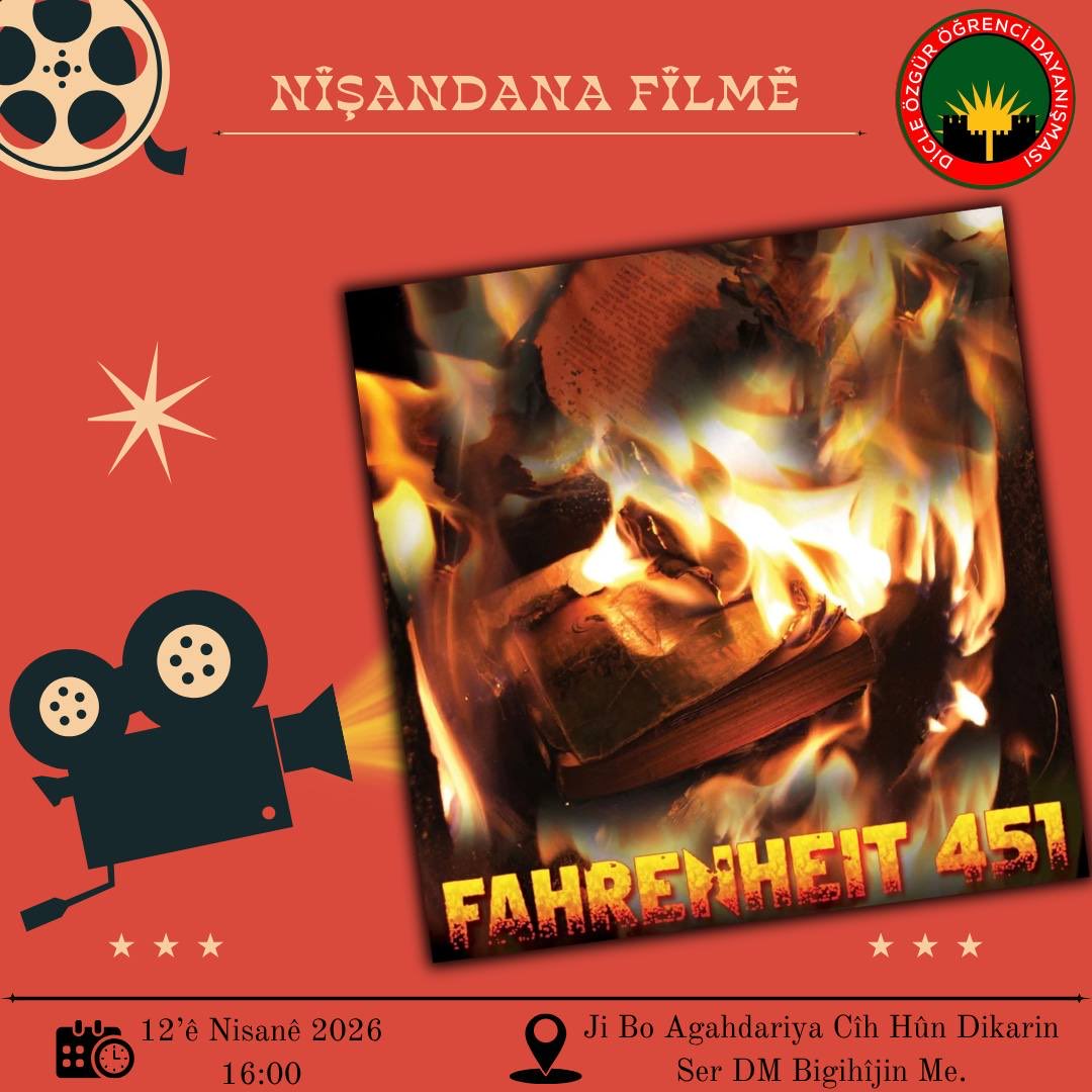 DayanismaDicle's tweet photo. Em di nîşandayîna  fîlm a “Fahrenheit 451” de tên cem hev.

Tu jî were em bi hev re nîqaşê xwe xurt û têkoşîna xwe bilintir bikin. https://t.co/M7jPrpM0MH