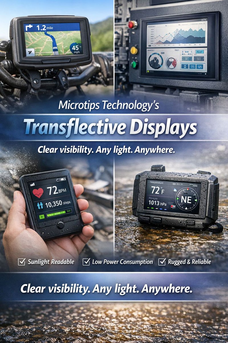 MicrotipsUSA's tweet image. LAUNCHING TRANSFLECTIVE DISPLAY SOLUTIONS FROM MICROTIPS TECHNOLOGY
Clear visibility. Any light. Anywhere.
✔ Sunlight-readable clarity
✔ Power-efficient performance
✔ Rugged, application-ready design
#TFT #LCD #OLED #EPD #TransflectiveDisplays #EV
Visit microtipsusa.com