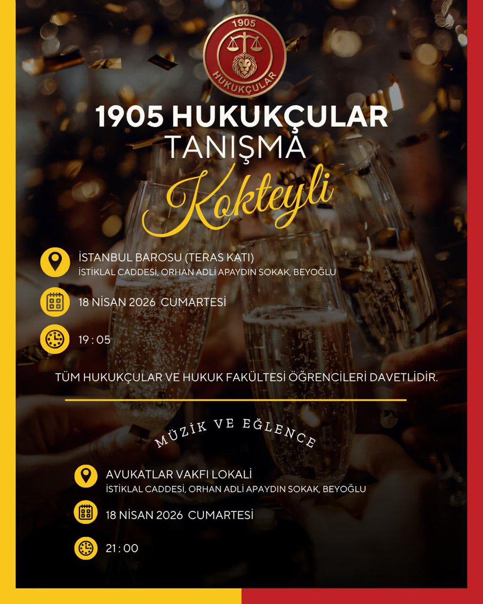 1905hukukcular's tweet photo. 🟡🔴📣📣TANIŞMA KOKTEYLİ📣📣🔴🟡

Eylül 2025'te Galatasaray'a duyulan sorumluluk ve aidiyet duygusuyla kurulan 1905 Hukukçular, bugün sosyal medyada ve sahada yaptığı çalışmalarla adından söz ettiren, Galatasaray için fikir üreten ve emek veren bir topluluk haline geldi.

Şimdi ise bu yolculuğun farklı noktalarında yer almış, aynı heyecanı ve aidiyet duygusunu paylaşan tüm hukukçuların bir araya geleceği tanışma kokteylinde buluşuyoruz. 

Galatasaray'a gönül vermiş hukukçuların tanışacağı, fikirlerini paylaşacağı ve birlikte daha güçlü bir geleceğin temellerini atacağı bu özel akşamda sizleri de aramızda görmekten mutluluk duyarız.

#1905hukukçular