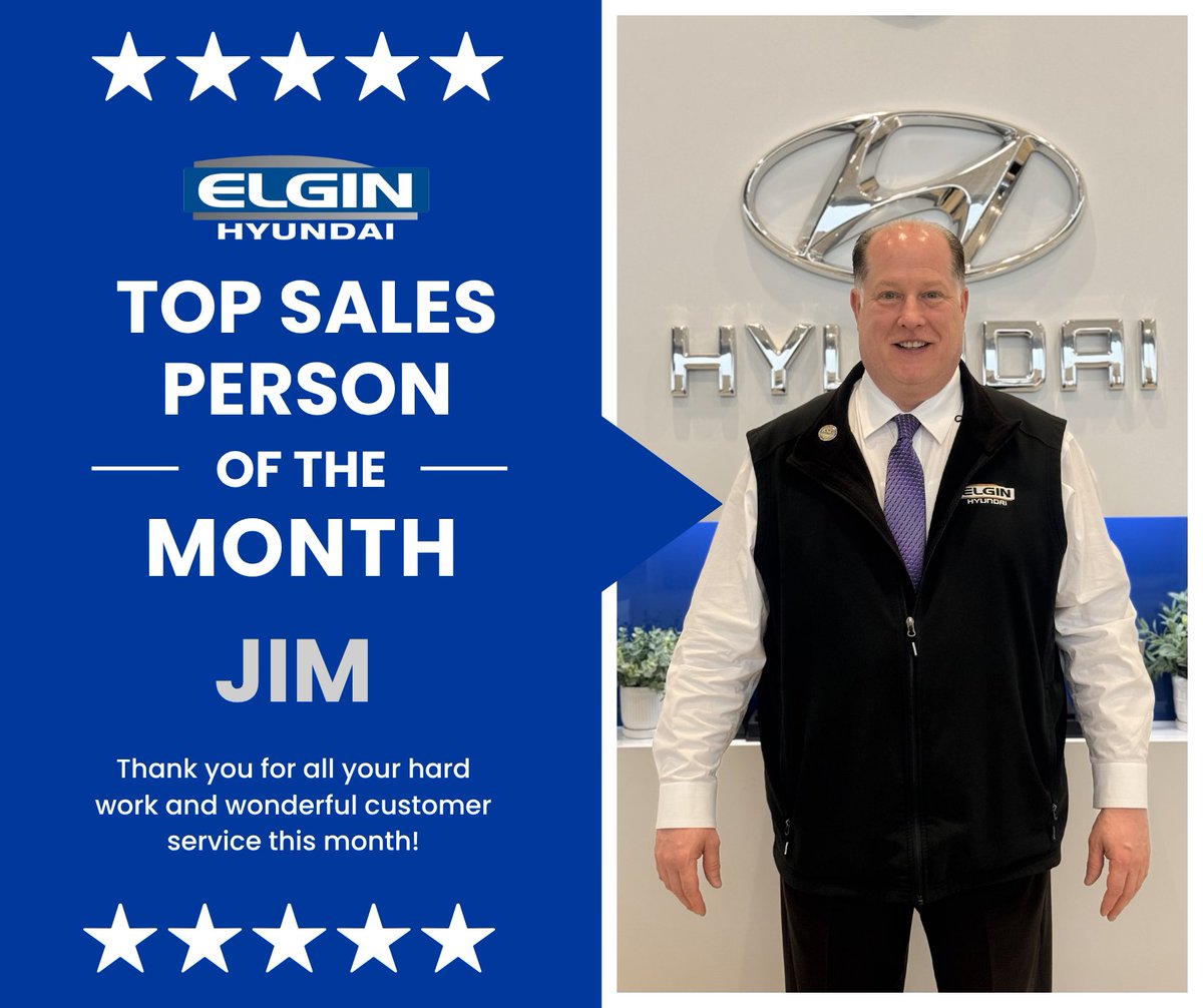 Congratulations goes out to Jim on being our Top Sales Person Of The Month! Thank you for all your hard work! We truly appreciate you!

#ElginHyundai #EmployeeOfTheMonth #ElginIL