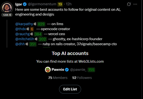 pawnie_'s tweet photo. Created a pretty cool list of accounts that write about AI (not Web3) 👇

Currently 75 members from @igormomentum's post and comments.

If you're deeply involved in this niche, let me know who I should add here https://t.co/2qh5ZGhREJ