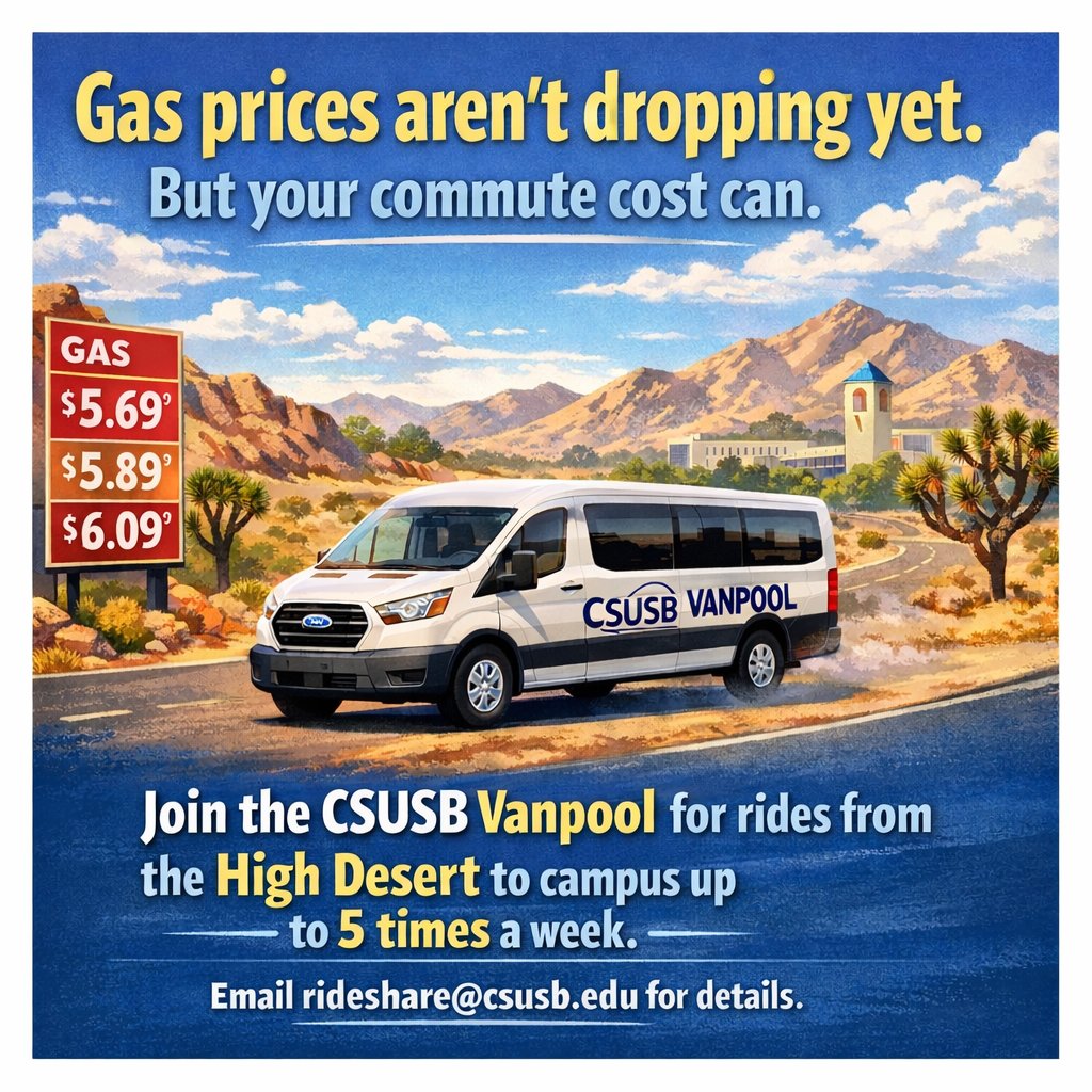 CSUSBParking's tweet photo. We're looking for more riders for our vanpool from the High Desert to CSUSB. Save on fuel, wear and tear, and stress.

Offer open to faculty and staff.

Details at https://t.co/sp7uyzjDf2 or by emailing rideshare@csusb.edu https://t.co/rFakII0GhB