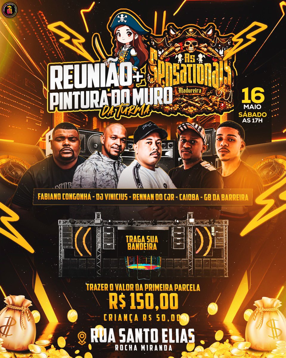 🔥 BORA COMEÇAR ? 🔥

Vem aí a Primeira Reunião e Pintura do Muro das Sensacionais 💥🏴‍☠️

📅 16/05
🎨 Pintura do muro
🎧 DJs quebrando tudo
💥 Mais de 100 kits já vendidos
🤸‍♂️ Pula-pula garantido pra criançada

Todas as turmas serão bem vindas🎭
Tragam suas bandeiras ✅