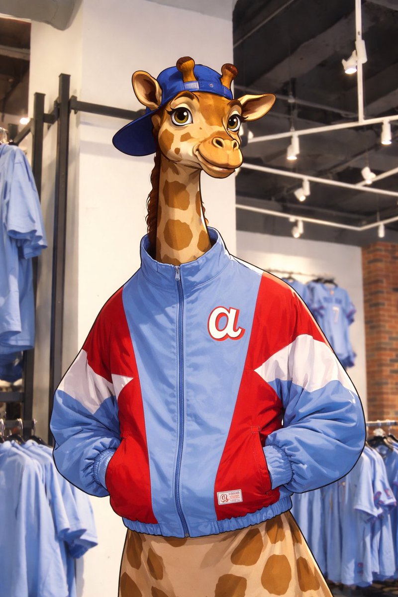 bobbythebravest's tweet photo. In case anyone was wondering what a giraffe would look like in the new Braves jacket. https://t.co/yQ7Z2N5Ro2