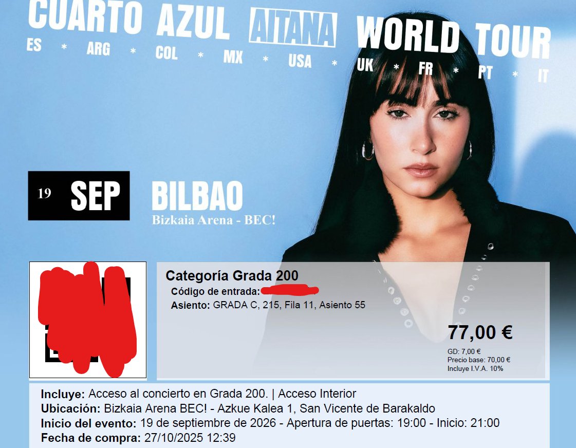 _Yoksebro's tweet photo. Vendo entrada para Aitana en Bilbao el día 19 de septiembre, solo una y en grada. A 77€ que fue lo que me costó. https://t.co/oMAJ5BC7Q0