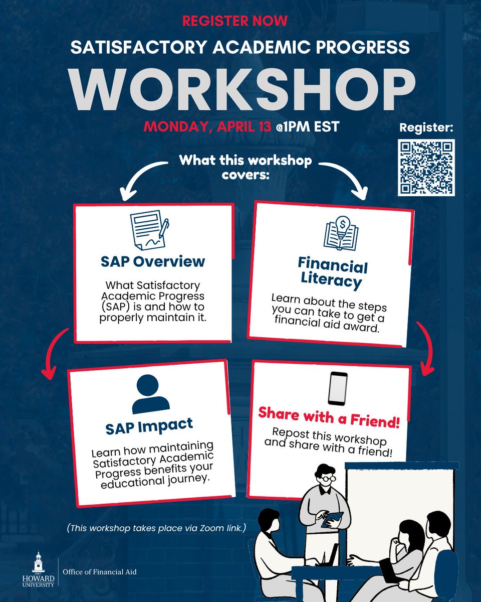 HowardFinAid's tweet photo. Did you know your eligibility for federal aid can be determined by your academic progress?

Join in on today's discussion regarding Satisfactory Academic Progress and how to maintain good academic standing.

🕑1pm EST💻- https://t.co/Jc1czwzkLx

Share this workshop with a peer. https://t.co/j0NLZTdHoH