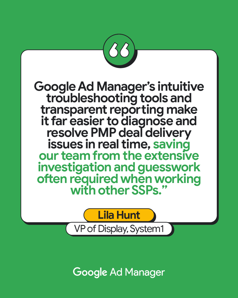 GforPublishers's tweet photo. In today’s landscape, buyers & sellers share the same goals: quality, efficiency, & transparency.
With #GoogleAdManager, you gain access to flexible transaction types & intuitive tools designed to protect your inventory & drive operational efficiency → https://t.co/t3QN1Q7htv https://t.co/934OSZzwgg