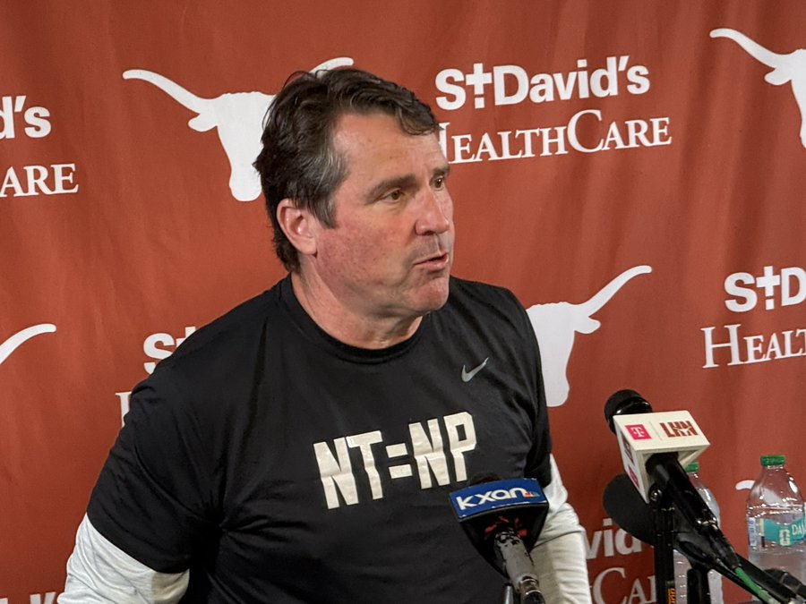 AnwarRichardson's tweet photo. Texas defensive coordinator Will Muschamp wore this t-shirt when he met with the media on Thursday:

“This is ‘no thud equals no play'," Muschamp said. "If you don’t thud at practice, and you don’t throw your face in the fan at practice, then that means you’re probably not going to be a good tackler.

"So if you don’t thud at practice, that means you’re not going to be a good tackler. And the best defenses I’ve been a part of, they tackled extremely well.

"And right now in offensive football, you better be able to tackle and play in space. So we’ve got some guys - not many of them - that don’t want to thud at practice. They won’t. I call it a ‘turn down.’ If you turn down too much, you won’t get on the bus to go to the game. You’ll be watching it from home."

"So if you don’t thud, you won’t play. That’s what this means. It’s very important to me."
