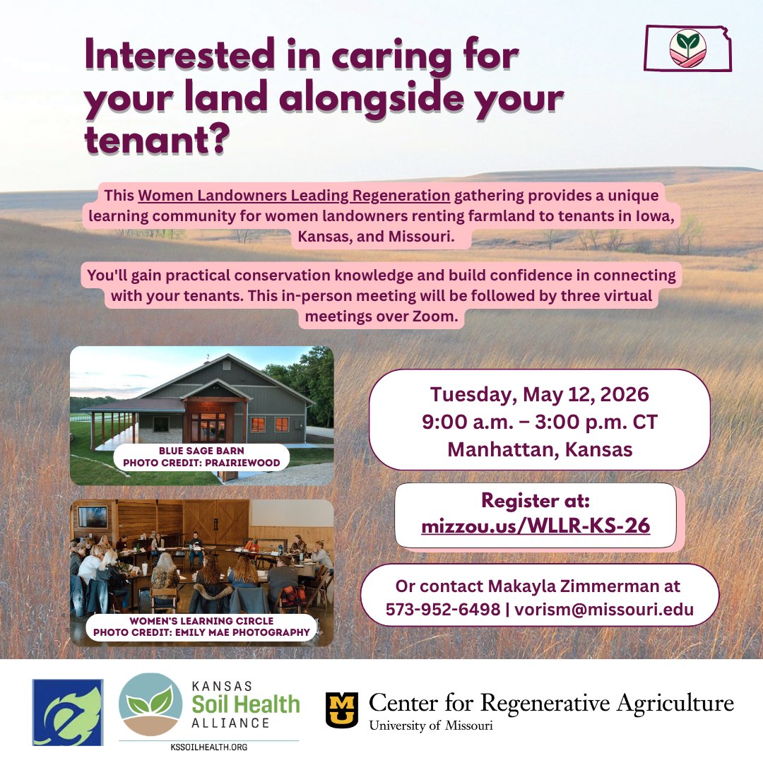 KansasSoil's tweet photo. Join us on Tuesday, May 12, 2026 in Manhattan, Kansas to gain practical conservation knowledge and build confidence in connecting with your tenants. You’ll meet likeminded women landowners and conservation professionals in your state dedicated to helping your land succeed.

Three virtual gatherings will be held to continue the learning and camaraderie! If you can make it, please plan to make at least two (topics are subject to change):

• Friday, May 29, 2026, 11:30 am - 1:00 pm CT – Creating Conservation Plans

• Friday, June 12, 2026, 11:30 am - 1:00 pm CT – Land Succession Planning

• Friday, June 26, 2026, 11:30 am - 1:00 pm CT – Incentives & Cost-Share Resources

You can learn more and register at https://t.co/S4jlKBgAYh.

If you need another way to register or have questions, contact Makayla Zimmerman at 573-952-6498 or vorism@missouri.edu.