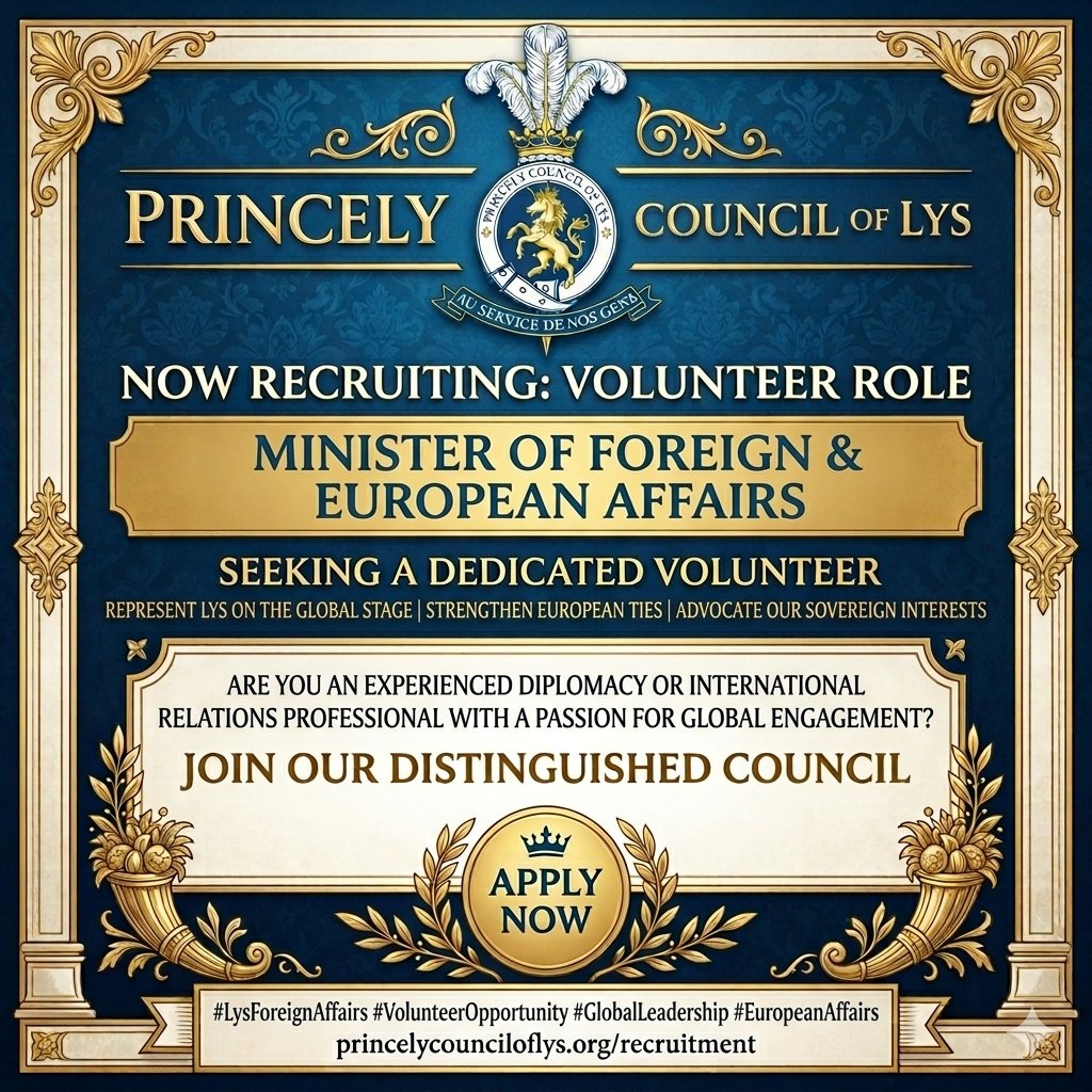 LysGov's tweet photo. We are inviting a dedicated volunteer to join the Government of Lys as Minister of Foreign & EU Relations.
This role supports our external partnerships, cultural exchanges, and ceremonial diplomacy, approx. 8 hours per month.
#PrincipalityOfLys #LysCommunity #ForeignMinister #Lys https://t.co/cT1M0NsbZI