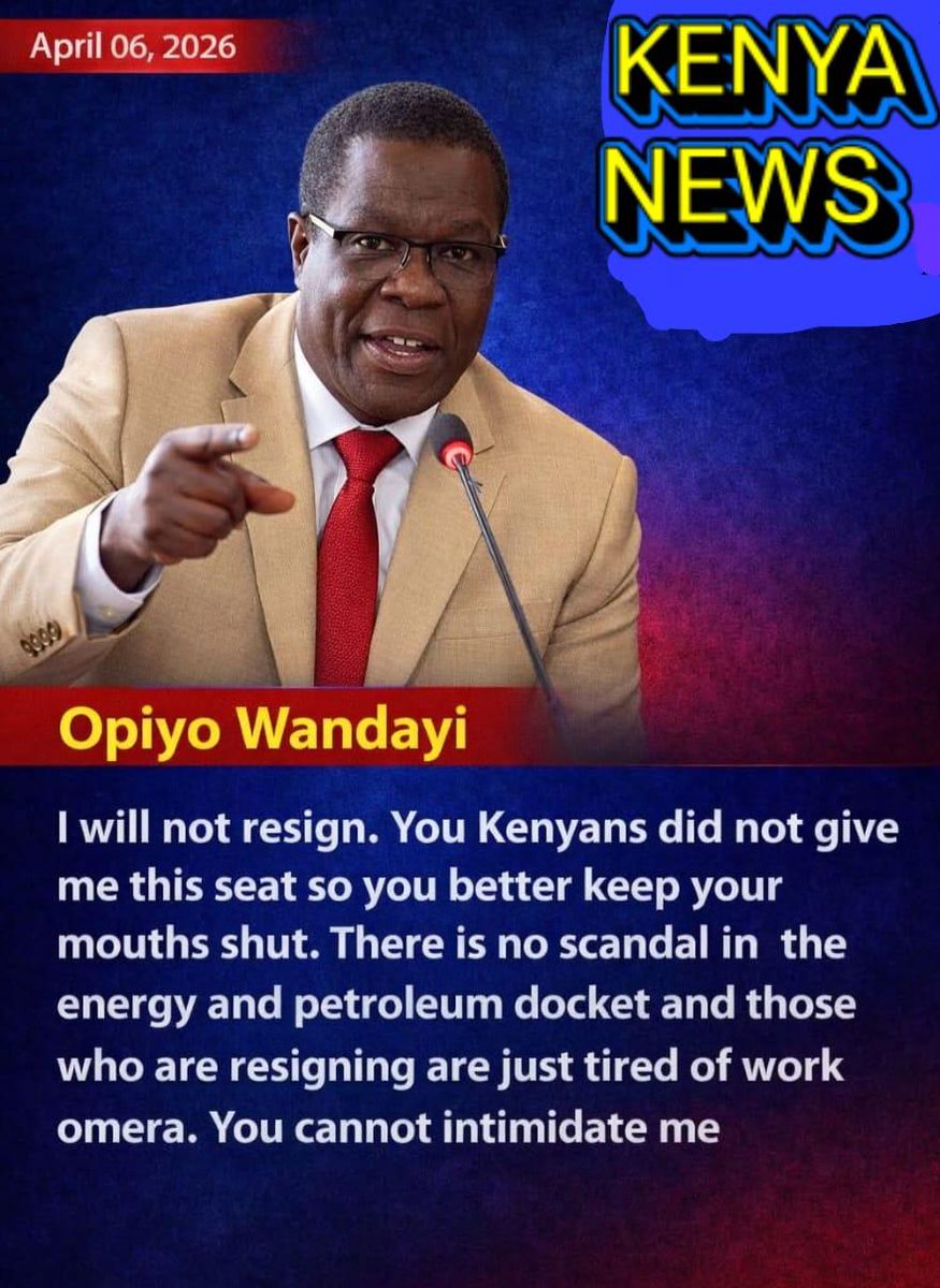 mwendefaith5202's tweet photo. I will not resign. You Kenyans did not give me this seat so you better keep your mouths shut. There is no scandal in the energy and petroleum docket and those who are resigning are just tired of work. You cannot intimidate me.
#politicalnews
#updates
@followers
@citizentvkenya https://t.co/Ed5ZCRV3Om