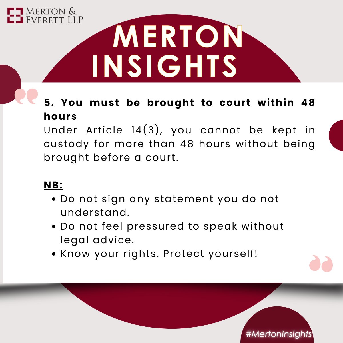 MertonEverett's tweet image. The law in Ghana is clear. You have rights from the very second you are arrested. The problem is, if you don’t know them, you can’t use them. Swipe to learn more. #KnowYourRights #LegalTips #GhanaLaw #ArrestRights #CriminalLaw#LegalEducation