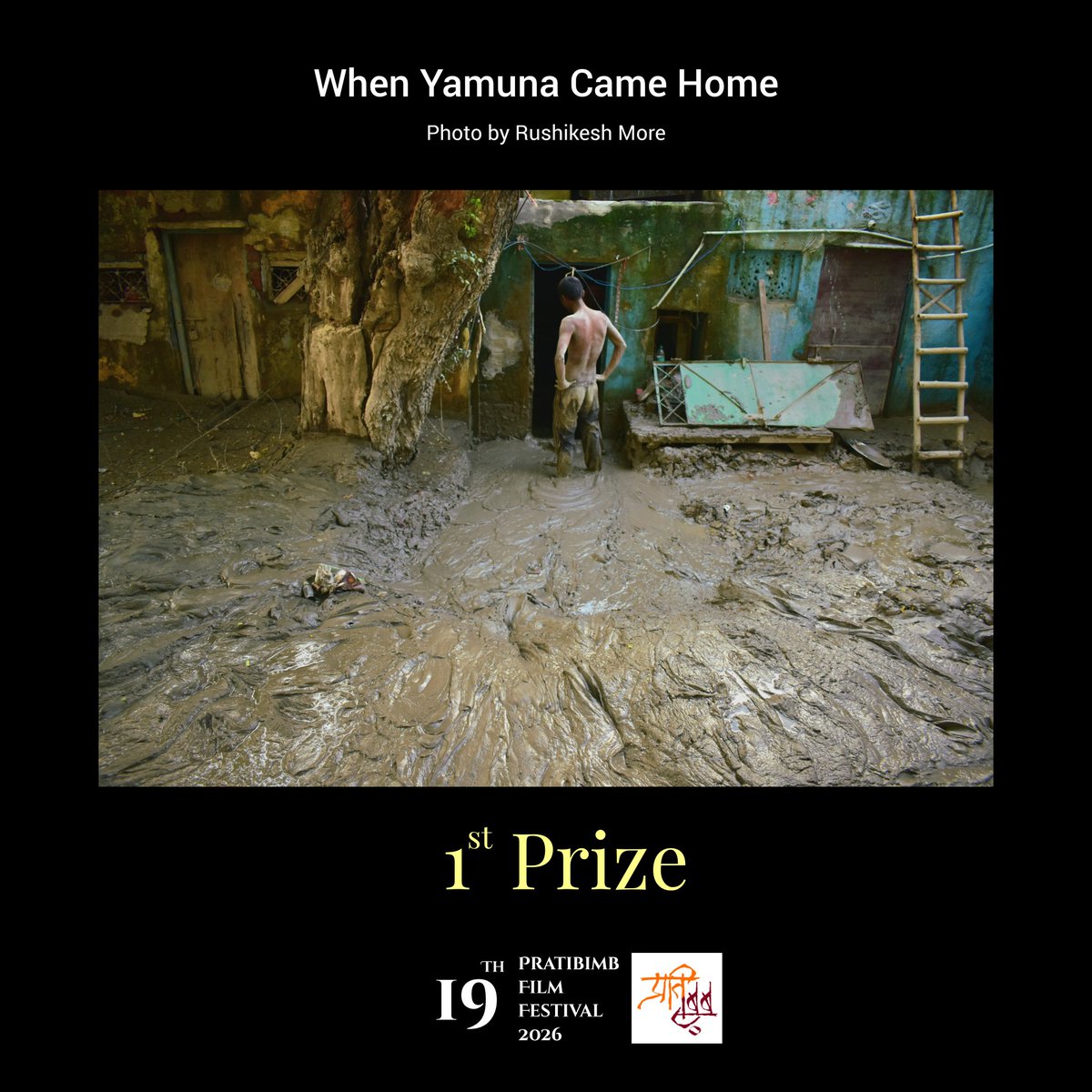 More_Rushii's tweet photo. Happy to share that my photo ‘When Yamuna Came Home’ won 1st prize at the 19th Pratibimb Film Festival 2026 photography competition.
Sameer, 19, standing still after cleaning mud that came with flood outside a house at Yamuna Ghat, Delhi, September 4, 2025. #photojournalism https://t.co/KfxkMfo7BM