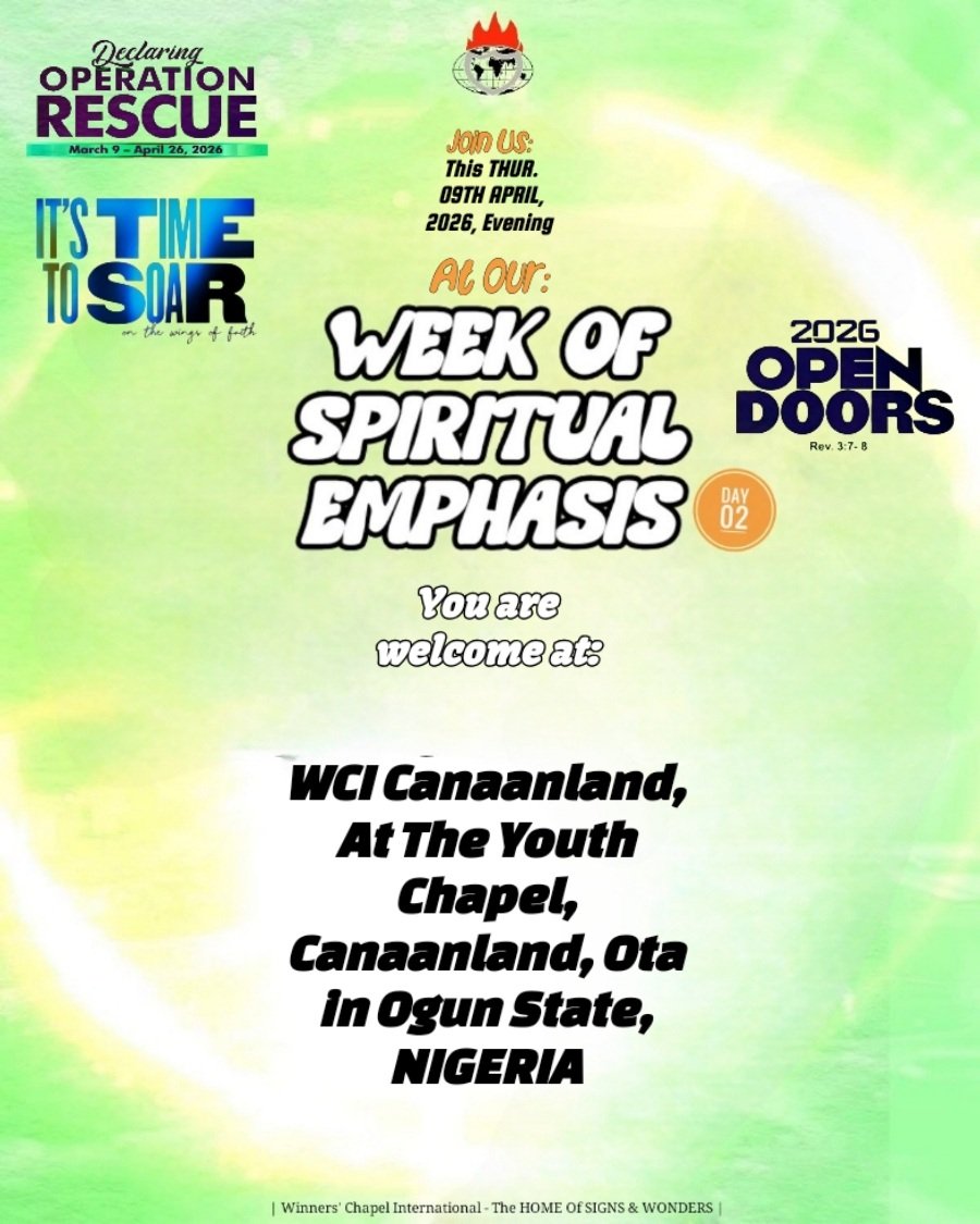 WinnersChapelNL's tweet image. #WeekOfSpiritualEmphasis - Day 02, THUR., APRIL 9TH., 2026 From WCI At #Canaanland Via #Facebook :👉 facebook.com/share/v/1NU8kM…  👈 &amp;amp; Via #YouTube :👉  youtube.com/live/zRK6XI_m4… 👈|  You're Welcome via :👉 bit.ly/4iORWij 👈| #SanctifiedToBeGlorified | #OpenDoors2026 |