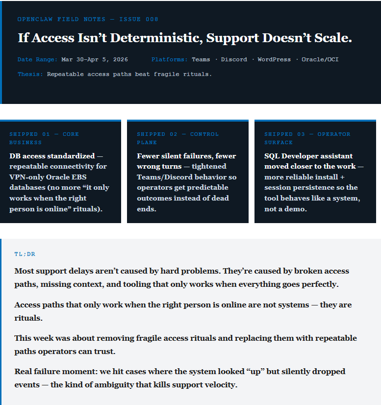 DavidScottNorto's tweet photo. Most support delays aren’t caused by hard problems.   They’re caused by broken access paths, missing context, and tooling that only works when everything goes perfectly.  This week’s unlock: agents execute directly under consultant‑authorized access—no more “tell me what to run / paste results back” loops.  OpenClaw Field Notes #008: https://t.co/hpt5etCOQL