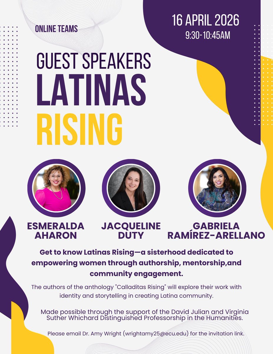 ECUEnglish's tweet photo. ✨ One week away!

Join us April 16 for a virtual guest speaker event with Latinas Rising—a collective using storytelling to build community and amplify women’s voices. 💬

📅 April 16
⏰ 9:30–10:45 AM
📩 Email for the link: wrightamy25@ecu.edu https://t.co/R59EbumCR4