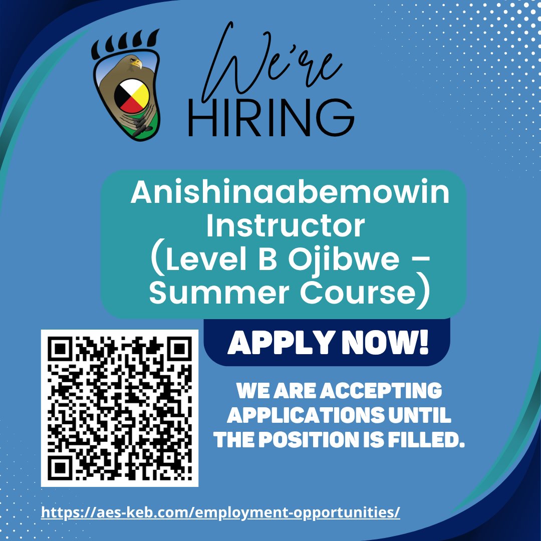 AnishinabekEd's tweet image. 📢 We’re hiring an Anishinaabemowin Instructor

Join the Kinoomaadziwin Education Body Virtual Secondary School to teach Level B Ojibwe LNOB0 this July 2026 🌿

💻 Online
🗓️ July 2 to 31, 2026
📄 Apply now, open until filled

#Education #Ojibwe #Anishinaabemowin