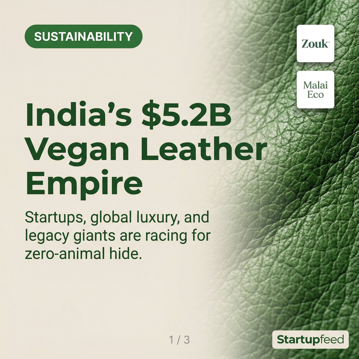 Startupfeednews's tweet image. Gucci &amp;amp; Bata are chasing Indian crop waste. 🥥

India is building a $5.2B vegan leather empire. The real moat isn't D2C—it's B2B material science.

#IndiaStartups #VC