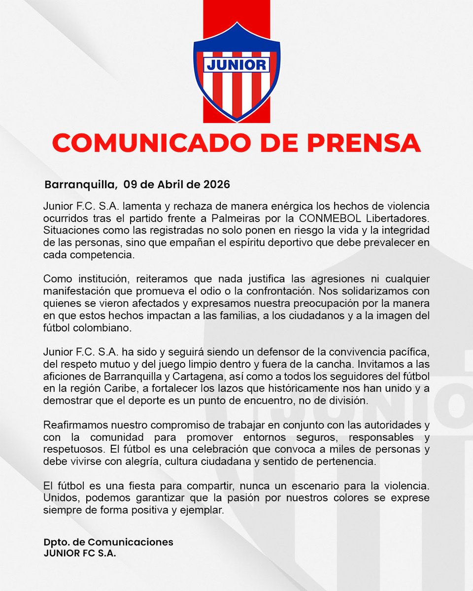 🚨COMUNICADO DE PRENSA🚨
#VamosJunior