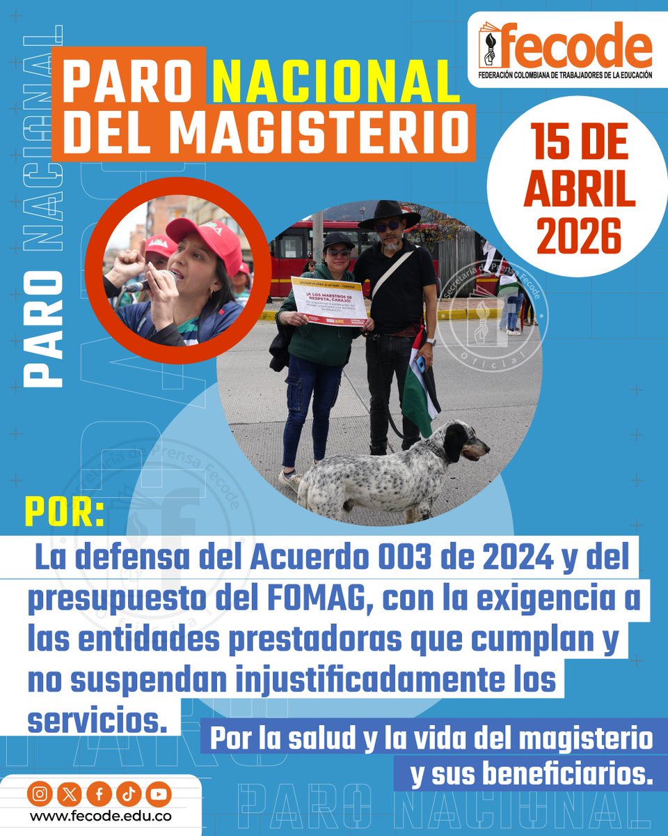 adebogota's tweet photo. 📣 𝐏𝐀𝐑𝐎 𝐍𝐀𝐂𝐈𝐎𝐍𝐀𝐋 𝐃𝐄𝐋 𝐌𝐀𝐆𝐈𝐒𝐓𝐄𝐑𝐈𝐎 – 𝟐𝟒 𝐇𝐎𝐑𝐀𝐒
🗓️ 15 de abril de 2026

✊🏽 Nos movilizamos por la defensa del Acuerdo 003 de 2024 y del presupuesto del FOMAG, exigiendo que las entidades prestadoras cumplan y no suspendan injustificadamente los servicios.

💙 Por la salud y la vida del magisterio y sus beneficiarios.

📲 Síguenos en nuestras redes sociales oficiales ADE

𝐀𝐟í𝐥𝐢𝐚𝐭𝐞 𝐚 𝐥𝐚 𝐀𝐃𝐄
🔗 https://t.co/pDFsTcF4PT

✊🏼𝐉𝐮𝐧𝐭𝐚 𝐃𝐢𝐫𝐞𝐜𝐭𝐢𝐯𝐚 𝐀𝐃𝐄🔥