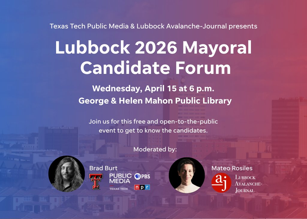 MateoRosilesTX's tweet photo. The race for Lubbock mayor is underway.
Join @ttupublicmedia  &amp; the @lubbockonline for the Lubbock 2026 Mayoral Candidate Forum.
🗓 Wed., April 15 | ⏰ 6 p.m.
📍 Mahon Public Library
Free &amp; open to the public. https://t.co/gVOKkss2kn