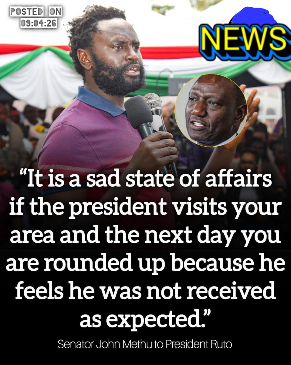 mwendefaith5202's tweet photo. Senator Methu says President Ruto is battling feelings of inferiority. “It is a sad state of affairs if the president visits your area and the next day you are rounded up because he feels he was not received as expected.”
#politicalnews
#newsupdate
#trending
@citizentvkenya https://t.co/8cmrttIUTr