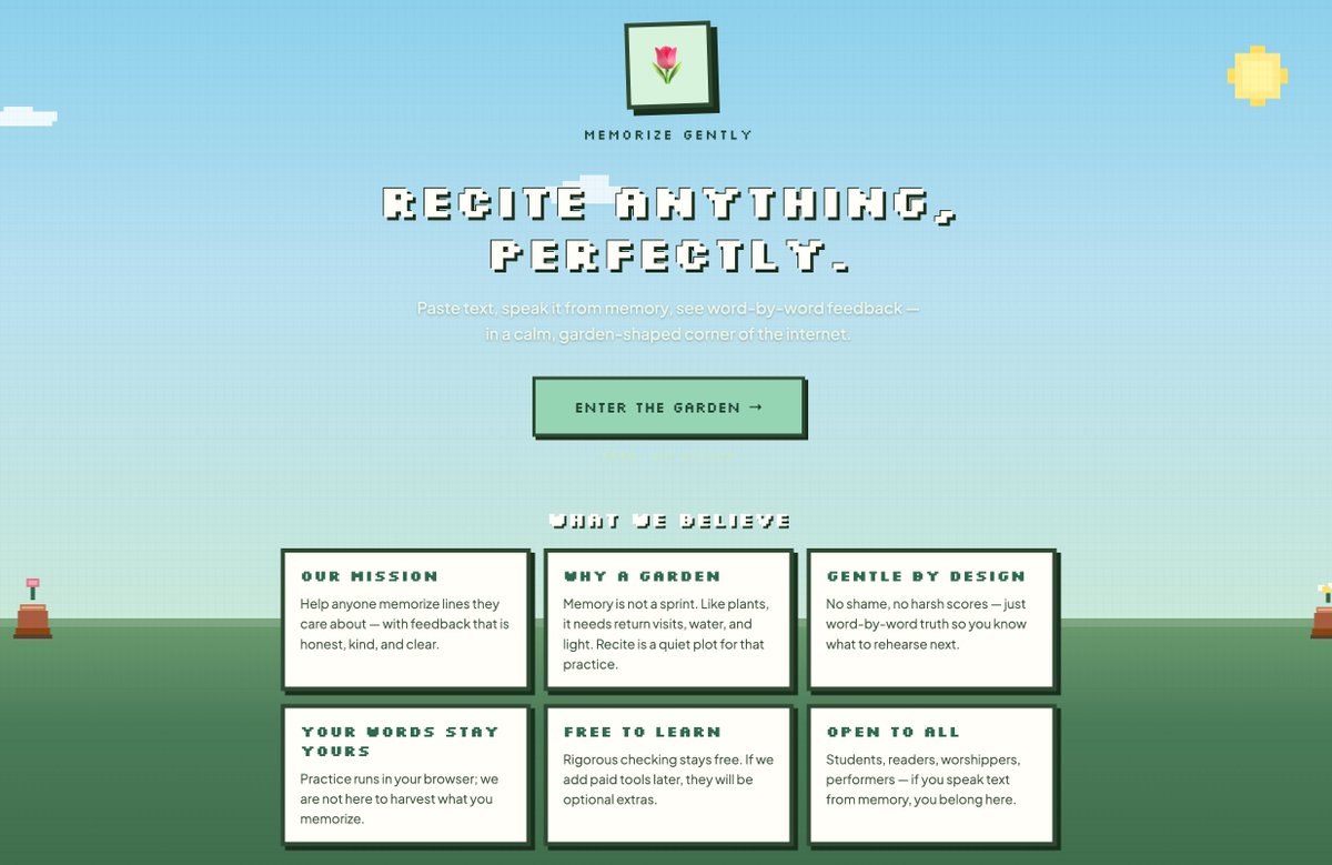 kriyanshii's tweet photo. sneak peek 🌱
Recite: paste anything, speak it from memory, see exactly which word you fumbled.
pixel garden energy. coming soon 🌷
#recite https://t.co/bjFUlUVrw7