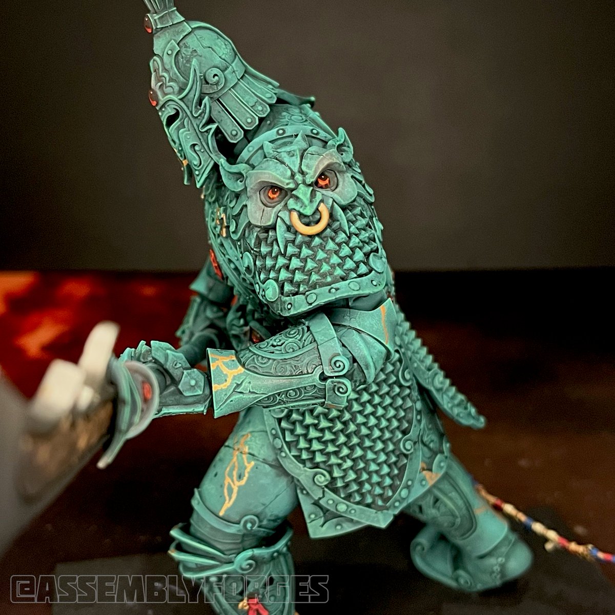 AssemblyForges's tweet photo. Kintsugi #Cathay sentinel painted for #Warhammer the old world!

#Kintsugi is a Japanese technique of fixing damaged objects with gold to show appreciation for their history!

#nerdlings #minipainting #cathay #oldworld #aos #warhammercommunity #warhammerfantasy #wargaming https://t.co/qVcJeXXkAy